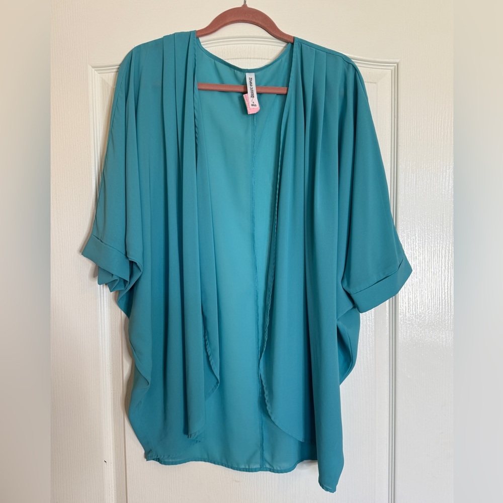 Zenana Outfitters Women’s Aqua Blue Open Front Kimono Shrug Size Large